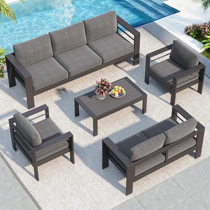 Solaste Aluminum Patio Furniture Set for All Weather, Oversized Metal Outdoor Furniture Set with 27.5" Deep Seating and 3.2" Wide Armrest, Outdoor Patio Conversation Sets with 10" Back Cushion, Gray