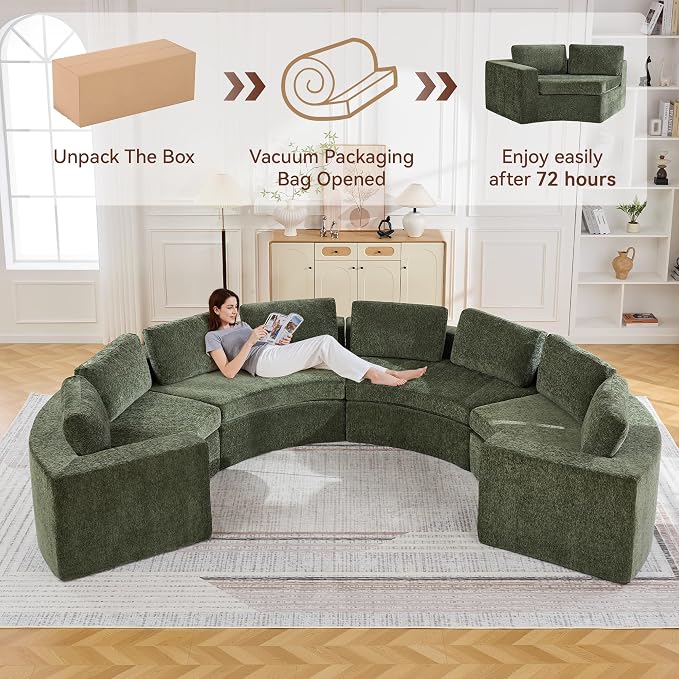 WUTUTUEE 142'' Curved Round Boneless Couch, Oversized Half Moon Sofa with Deep Seat & Arms, Chenille Modular Sectional Sofa with Pillows, Upholstered Comfy 8 Seat Couch for Living Room, Green