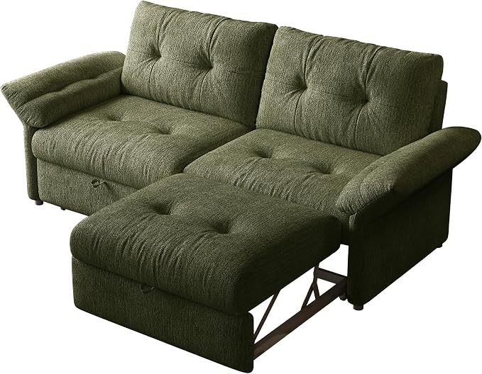 81.5" Pull Out Sofa Bed Full Size, Pre-Assembled Chenille Sleeper Sofa, Convertible Loveseat Futon Couch with Tufted, Pillows, for Apartment, Living Room, Small Spaces, dorms, Green