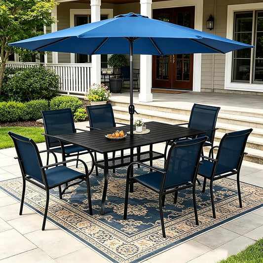 SUNCROWN 8 - Piece Outdoor Dining Set, Patio Furniture Set with 6 Textilene Dinning Chairs, 1 Rectangle Metal Table and 1 Dark Blue 9Ft Patio Umbrella for Lawn Garden Backyard Deck, Blue