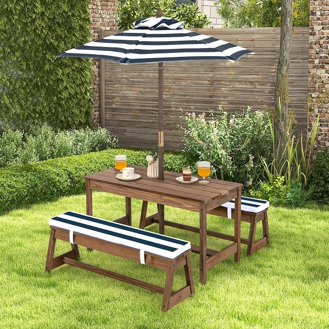 Costzon Kids Picnic Table, Toddler Wood Table & Chair Set w/Cushions, Height Adjustable Umbrella, Children Activity Table Outdoor Furniture Set for Patio, Garden, Backyard, Gift for Ages 3-8 (Blue)