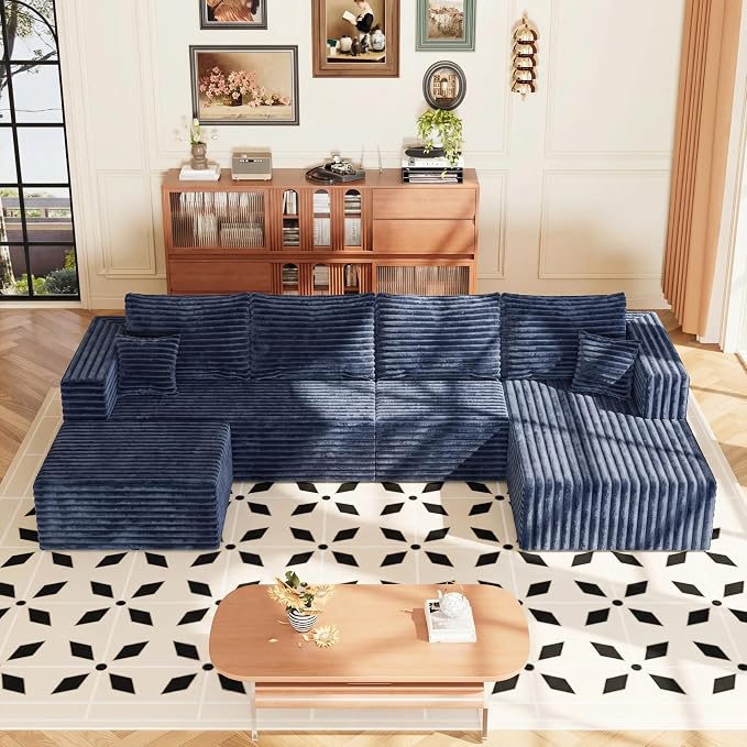 118" Modular Sectional Sofa, Boneless Compressed Sofa in a Box, U-Shaped Cloud Couch with Deep Seats & Chaise for Living Room, No Assembly Required (Blue, 118" U-Shape with Right Facing Chiase)
