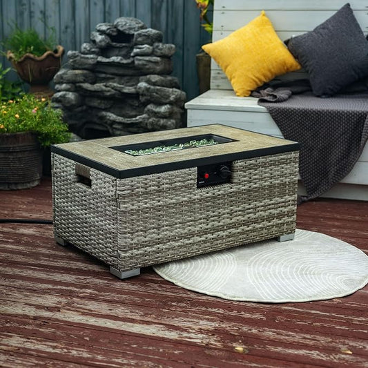 GDFStudio 32" Propane Fire Pit Table with Tank Holder, 50000 BTU Outdoor Gas Fire Table with Ceramic Top & Wicker Base, Steel Firepit with Lid & Cover for Patio Garden Backyard, 2-Piece Set, Beige