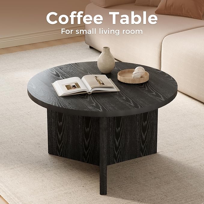 Luoxiao Round Black Coffee Table, Modern End Tables for Living Room, 27.5" | Space-saving, Triangle Base w/ Anti Slip Feet for Stability, Circular Accent Table for Small Spaces, Apartment, Easy Assembly