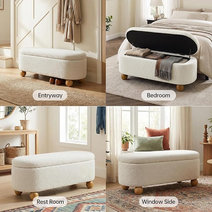 VKNOW 44.8" Storage Ottoman Bench End of Bed Bench, Thickened Upholstered Blanket Chest for Living Room, Entryway Bench with Hinge and Cute Spherical Solid Wood Stool Legs for Bedroom, Beige