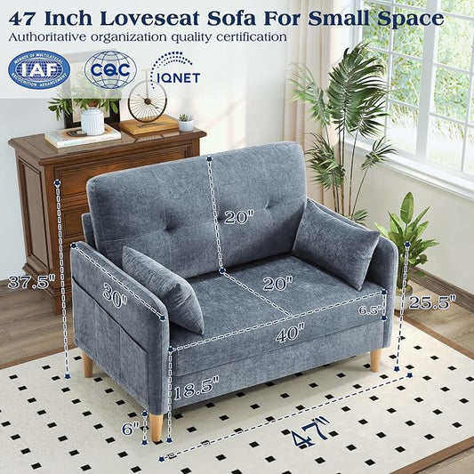 Hanherry Loveseat Sofa, 47” Small Couch for Living Room, Comfy Chenille Fabric Love Seat for Bedroom with Throw Pillow,Removable Cushion Cover,Couches for Small Space,Apartment,Dorm