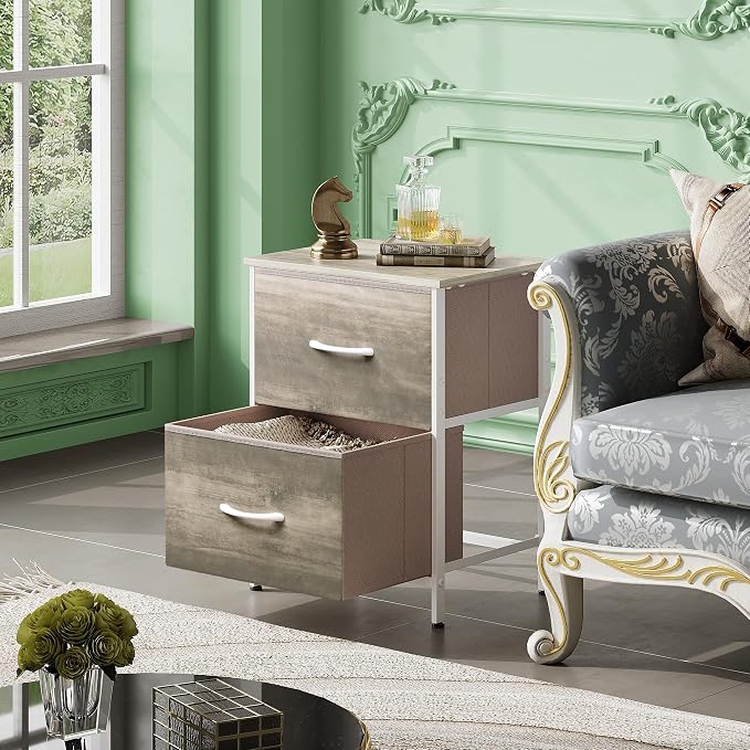 WLIVE Nightstand, 2 Drawer Dresser for Bedroom, Small Dresser with 2 Drawers, Bedside Furniture, Night Stand, End Table with Fabric Bins for Bedroom, Closet, College Dorm, Greige Oak