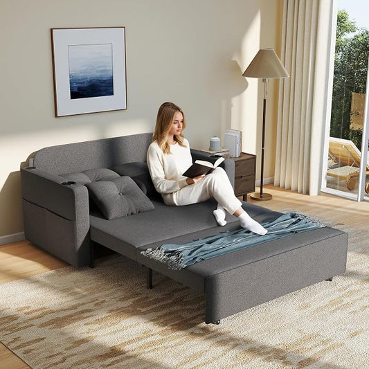 Krcix 3 in 1 Sofa Bed, 56 Inch Convertible Pull Out Couch, Loveseat Sleeper Sofa with Cup Holders, USB, Side Pockets, Multi-Function Sofa Couches for Living Room, Bedroom, Apartment, Light Grey