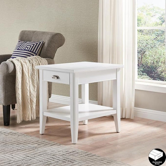 Leick Home Laurent 20 in. Solid Wood End Table with Shelf and Drawer, White, 10507-WT