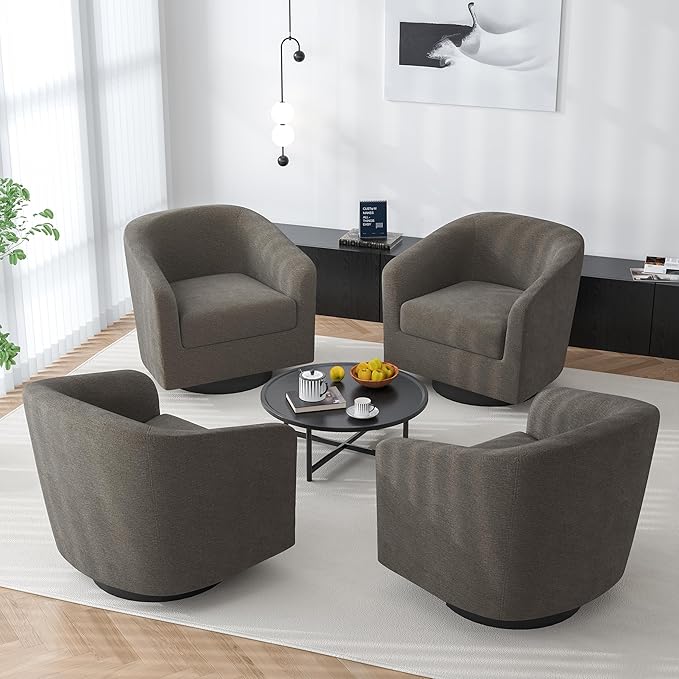 Swivel Barrel Accent Chair, Modern Round Chenille Fabric Arm Chair for Living Room, Bedroom, Comfy Club Reading Chairs for Adults(Chenille Fabric, Tan, Set of 2