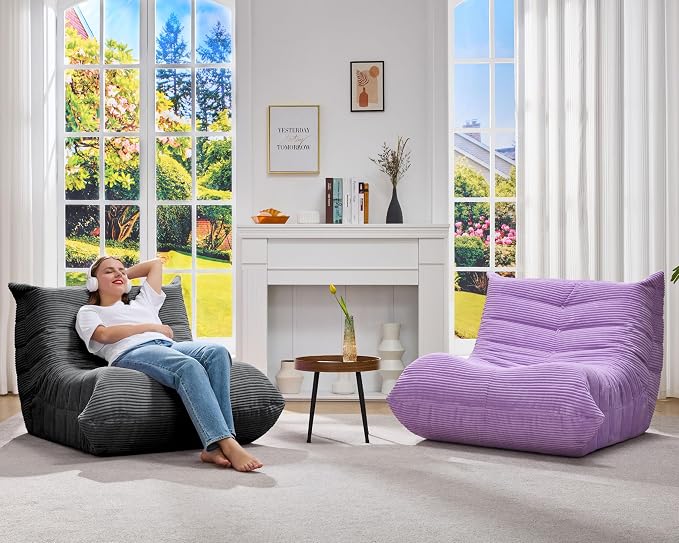 Hobestluk Adults Bean Bag Chair Faux Fur BeanBag Couch for Living Room | Grey Corduroy,Ergonomic Design,Memory Foam,UltraSoft,Anti-slip Bottom,No Assembly Required,Decorative Style for Living Room