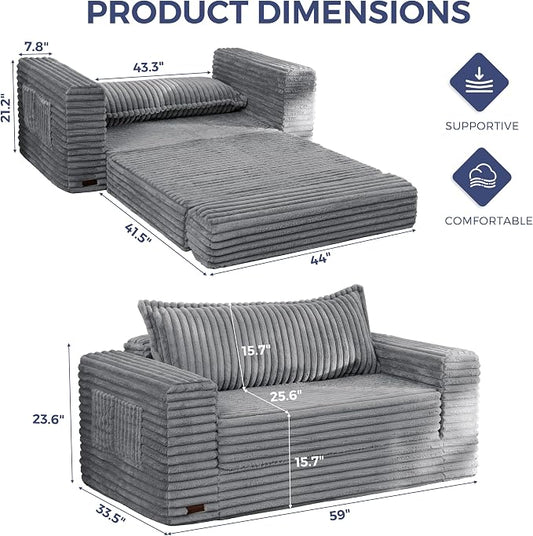 MAXYOYO Convertible Sofa Bed, 2 in 1 Folding Couch Bed for Small Space, Pull Out Loveseat Sofa Couch with Large Back Pillow, Plush Faux Fabric Lounge Couch for Living Room, Apartment, Grey