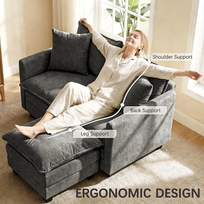 52" Loveseat Sofa, L-Shaped Cloud Couch with Ottoman, Comfy Chenille Love Seat with 2 Pillows, Small Loveseat for Small Spaces, Living Room, Bedroom,Apartment and Office, Grey