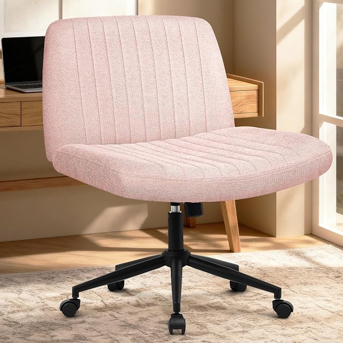 Orange Factory Criss Cross Chair Wheels Wide Cross Legged Office Desk Vanity Dual Base Comfy Fabric Armless Adjustable Swivel for Home Computer Task (Pink Dual Base, Fabric)