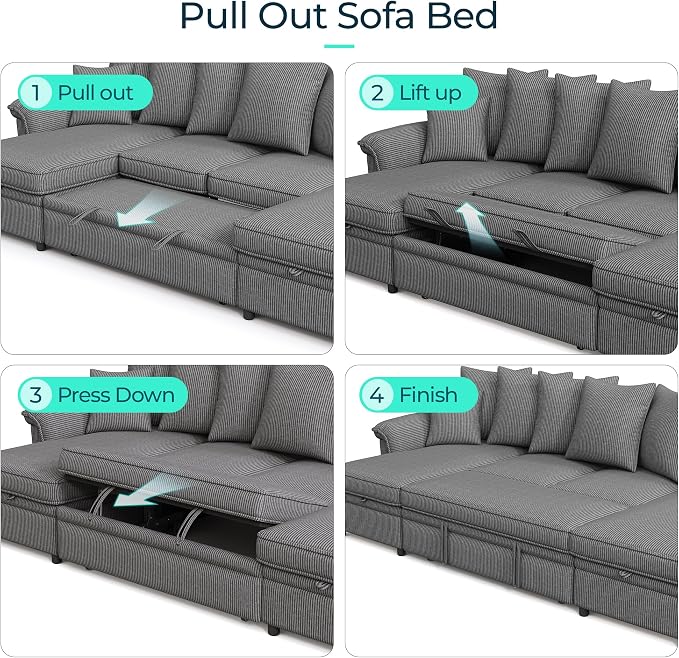 LINSY HOME Oversized Sectional Sleeper Sofa with Pull Out Couch Bed (Gray, 118.5'') | USB Charging