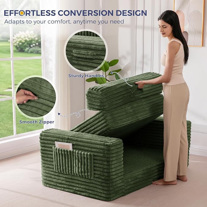 MAXYOYO Convertible Sofa Bed, 2 in 1 Folding Couch Bed for Small Space, Pull Out Loveseat Sofa Couch with Large Back Pillow, Plush Fabric Lounge Couch for Living Room, Apartment, Dark Green