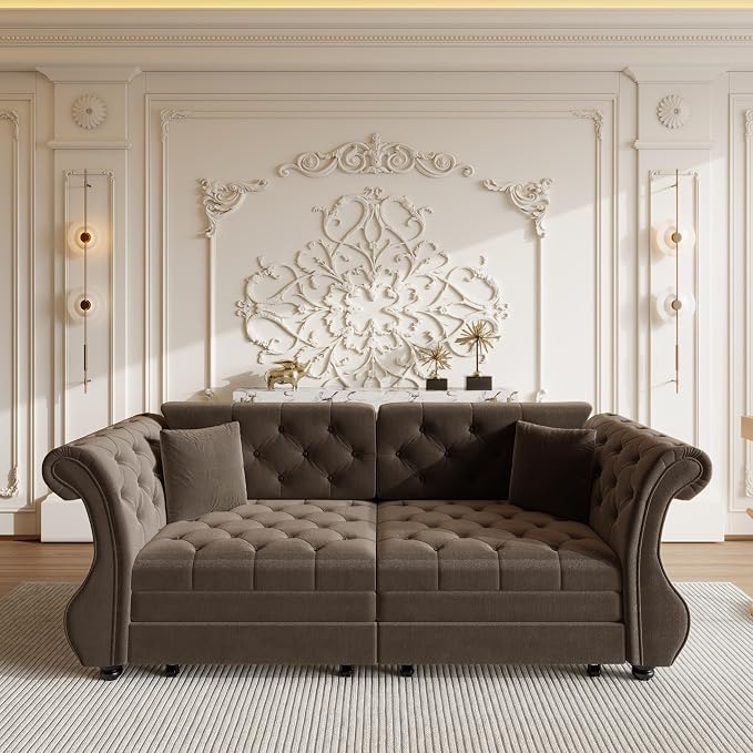 83.8" Oversized Pull Out Sofa Bed, Chesterfield Velvet Sleeper Sofa Couch with Roll Arm & Flower Tufting, Heavy Duty Metal Frame Convertible Sofa for Living Room, Apartment, Guest Room, Brown