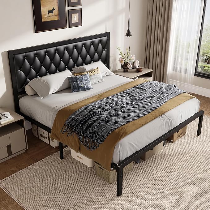 Fluest King Bed Frame with Headboard PU Leather Upholstered Bed Frame Platform,All Metal Slats Support Platform Bed Frame with Storage Space,Easy Assembly,Noise Free,No Box Spring Needed,Black