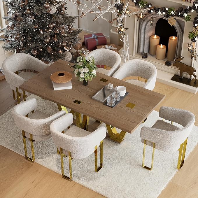 Boucle Dining Chairs Set of 9, White Barrel Dining Chairs with Arms and U-Shaped Mirrored Gold Legs, Modern Side Chairs for Dining Table, Kitchen and Dining Room Restaurant Recepition