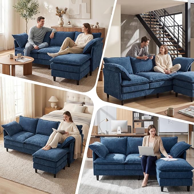 3 Seater L-Shape Couch Sofa with Ottoman, 69" Small Couch Modern Comfy Cloud Chenille Sofa 23" Deep with Washable Pillow Cover Couches for Living Room Bedroom Apartment Office 69-Blue-L
