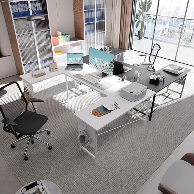 Pamray 71 Inch Large Computer Desk with Power Outlets,U Shaped Corner Desk for Home Office Work and Gaming White