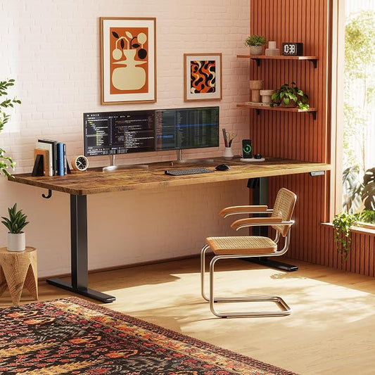 Huuger 71 X 30 Inch Electric Standing Desk with Power Outlets and USB-C Port, Height Adjustable Desk, Sit Stand Desk for Home Office, Computer Desk with 4 Presets, Stable Steel Frame, Rustic Brown
