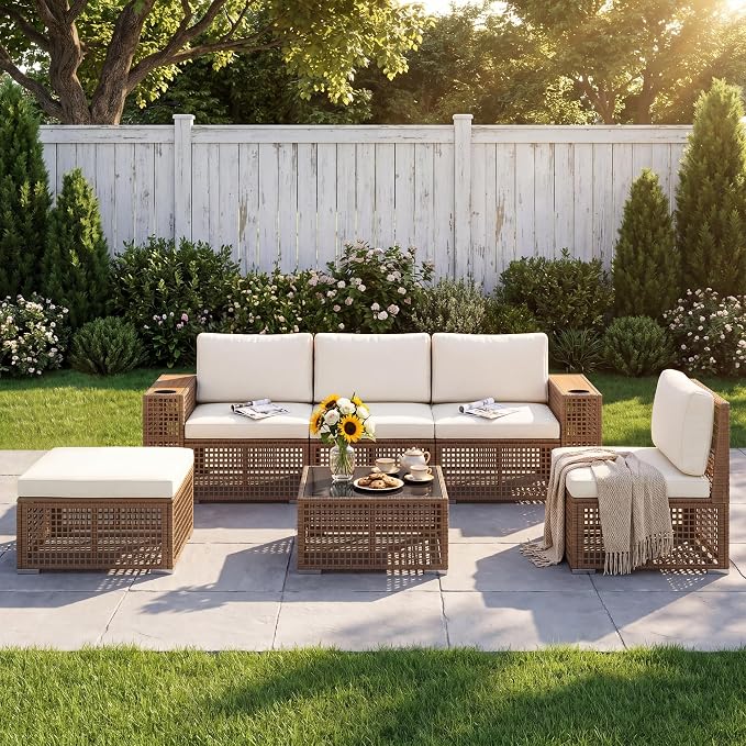 Devoko Patio Furniture Set,6 Pieces Outdoor Sectional Sofa with Cup Holder and 7.87in Wider Armrest, PE Wicker Backyard Couch Set with Coffee Table&Glass Tabletop for Deck, Porch(6 pcs)