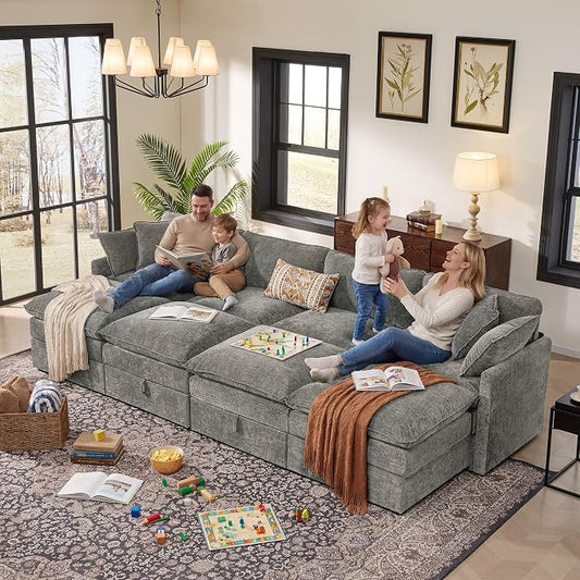 Ihanherry 135” Oversized Sectional Sofa Bed with Storage, 8-Seater Modular Cloud Couch with Movable Ottomans, Chenille Deep Seat Sleeper Couches for Living Room (Grey)