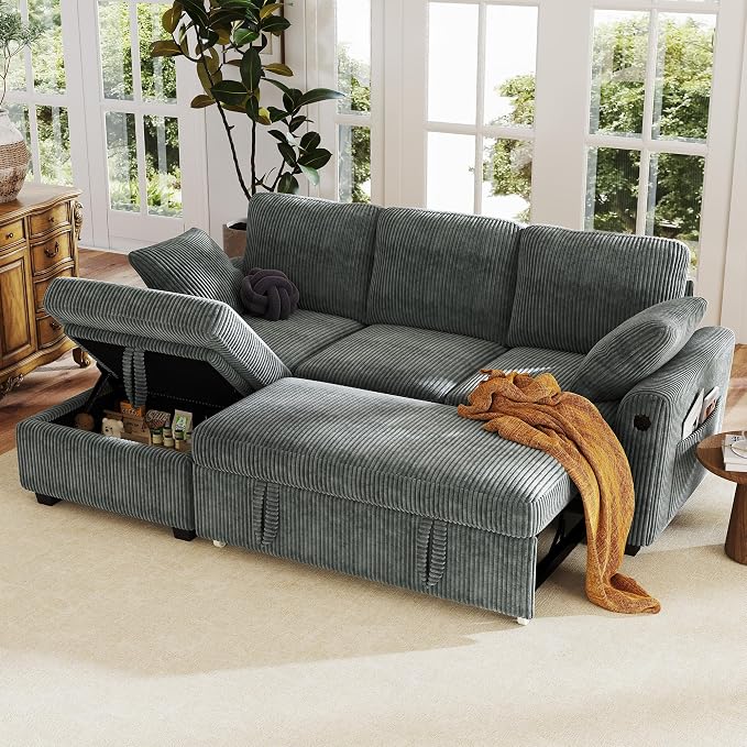 Hanherry 81" Sectional Couch with Pull Out Sofa Bed,Corduroy Sleeper Sofa with Storage Ottoman & USB Charging,Comfy L Shaped Modular Couches for Living Room,Apartment
