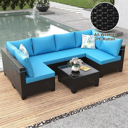Outdoor Patio Furniture Set, Wicker Patio Chairs with Thick Cushions (Coffee and Peacock Blue, 7pcs Sofa Set)