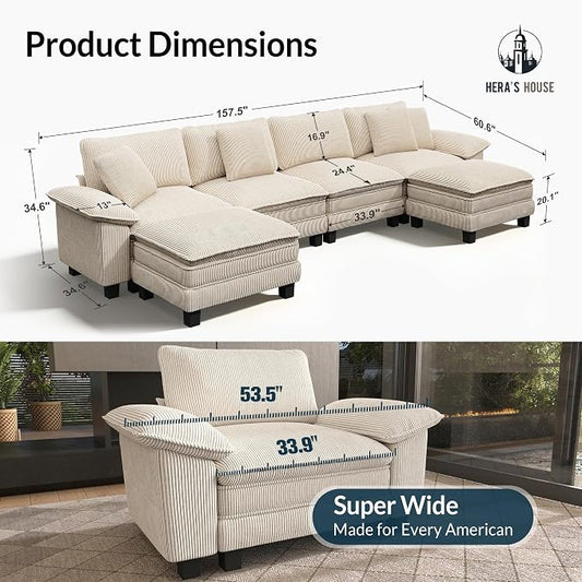 HERA'S HOUSE 158" Oversized Modular Sectional Sofa, Comfy U Shaped Couches for Living Room, Cloud Couch with Ottoman, 6-Seater Deep Seat Sofa with Throw Pillow, Corduroy Beige