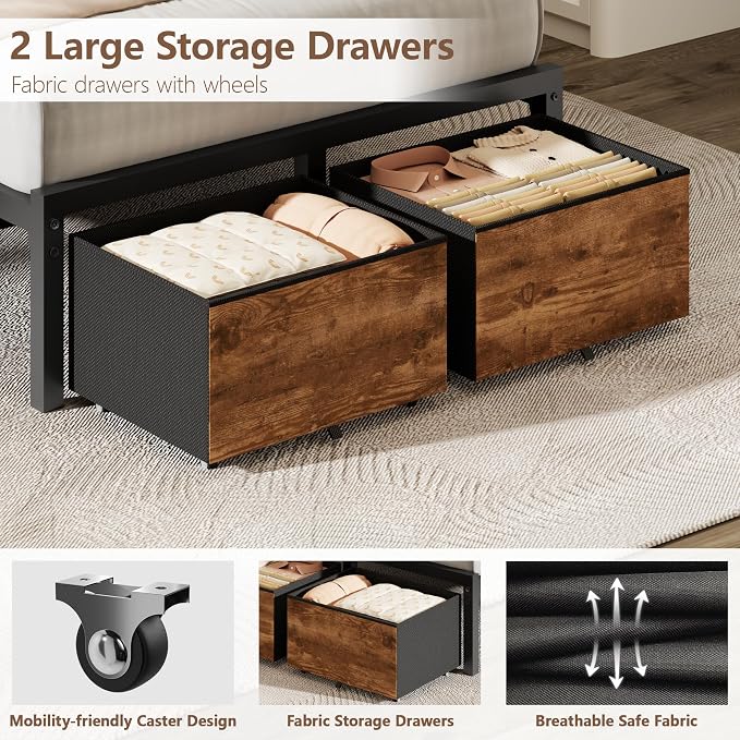 Forestell Twin Bed Frame with Wood Headboard,2 Storage Drawers & Shelf | Built-in Charging Station & LED Lights, Metal Support, No Box Spring Needed, noise-free, easy assembly, Smart RGB, USB+Type-C