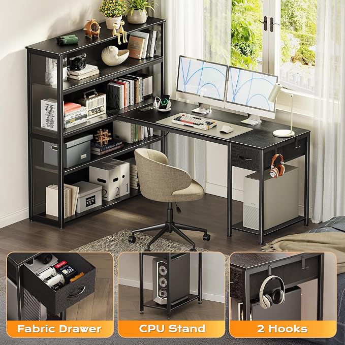 PRAISUN 57 Inch L Shaped Gaming Computer Desk with Larger Open Cabinet, Reverisble Office Desk with Power Outlets, LED Lights, Work Desk, Fabric Drawer, Adjustable Wood and Mesh Shelf, Black