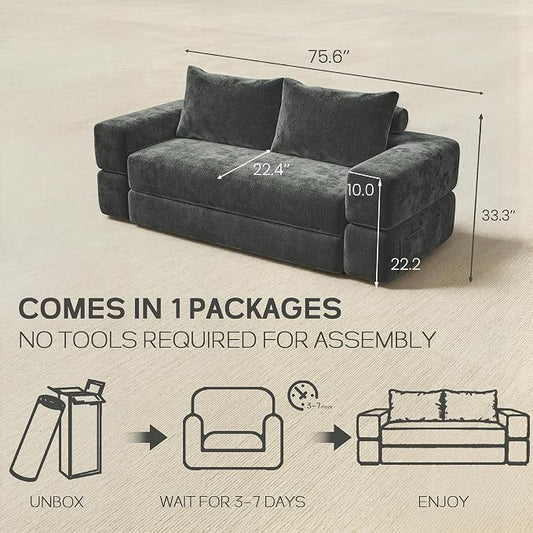 75'' Folding Convertible Sofa Bed with Large Pillow, 4-in-1 Foldable Pull Out Futon Sofa Bed, Chenille Boneless Mattress Couch, No Assembly Floor Sleeper Sofa Bed for Living Room/Bedroom, Dark Gray