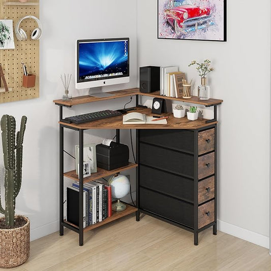 VENNQD Corner Desk with Drawers Shelves for Small Space 90 Degrees Triangle Computer Desk with Power Outlets,Gaming Desk with LED Lights Monitor Stand for Home Office Workstation Writing Table (Brown)