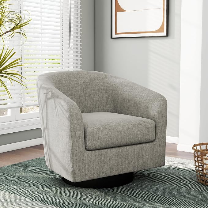 Swivel Barrel Accent Chair, Modern Round Linen Arm Chair for Living Room, Bedroom, Comfy Club Reading Chairs for Adults(Linen Fabric, Khaki, Set of 1