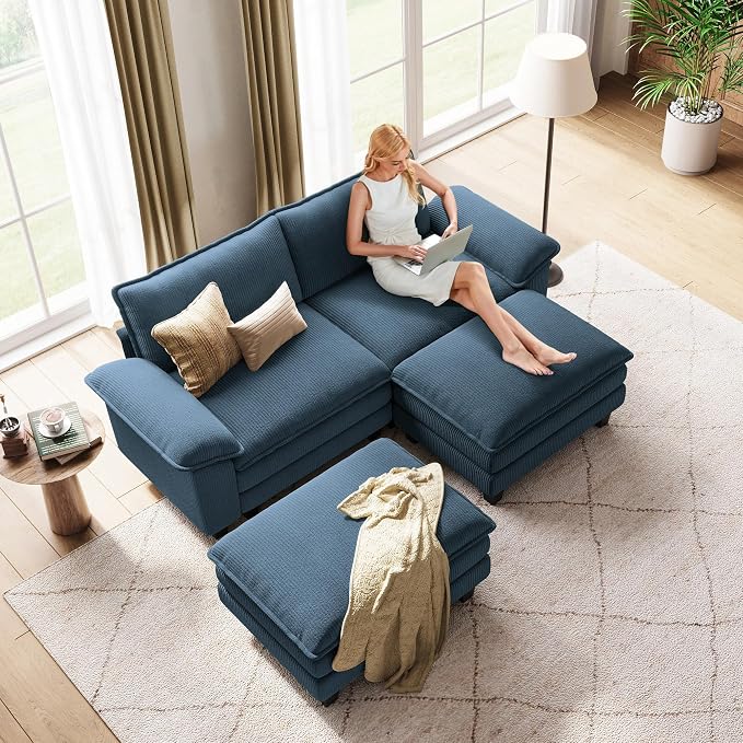LINSY HOME 90'' Modular Sectional Sofa 2 Seat Couch Corduroy Cloud Couch with Deep Seat, Modern Cloud Couch with 2 Movable Ottoman for Living Room, Office, Bedroom, Blue