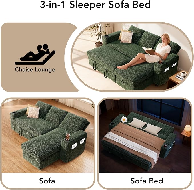 Sunny Heart L-Shaped Sleeper Sofa with Pull Out Bed, 82" Sectional Couch with Reclining Backrest, Reversible Storage Chaise, Armrest Storage, Cup Holders, and Side Pockets, Tool-Free Assembly, Green