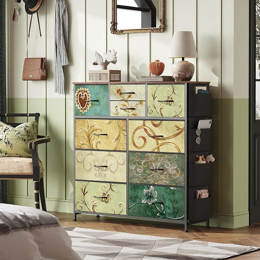 WLIVE Fabric Dresser for Bedroom with 10 Drawers, Chest of Drawers with Side Pockets and Hooks, Sturdy Metal Frame, Drawers Organizer Unit for Living Room, Hallway, Floral Painted