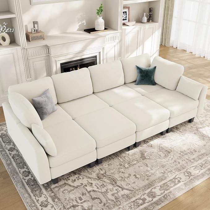 Sectional Sleeper Sofa, 8 Seaters Modular Sleeper Sofa Couch, Comfy Sectionals Couches Bed, Convertible Sofas with Ottomans, Modular Sectional Couches for Living Room, Beige