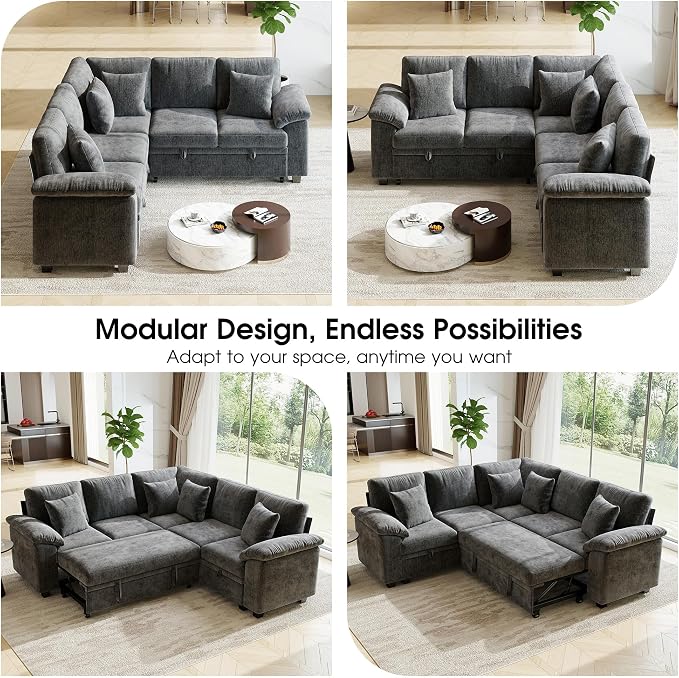 86" Modular Sectional Sleeper Sofa with Pull Out Bed, L Shaped 5 Seat Couch with 151L Storage, Convertible Cloud Couch Bed, Sectional Couches for Living Room, Apartment (Gray)