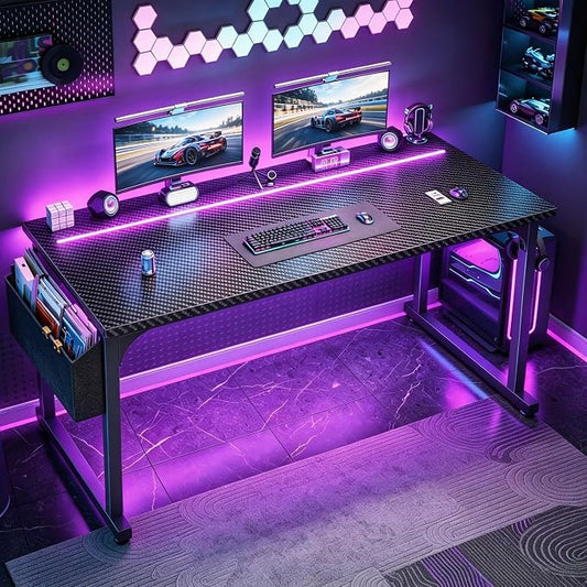 DurayLoly 55” Carbon Fiber Gaming Desk, IP65 RGB LED Computer Desk with Side Storage Bag & Headphone Hook, Sturdy Metal Frame Space Saving Home Office Desk for Teens Bedroom Dorm Study Gaming Room