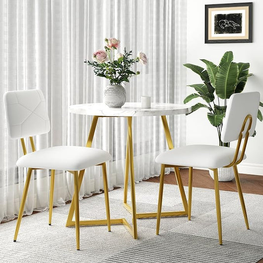 VECELO Dining Chairs Set of 2, Modern Upholstered Kitchen Chairs with Faux Leather Cushion Seat & Metal Legs for Kitchen, Living Room, Tufted Backrest Design, White