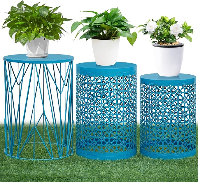 HFHOME Set of 3 Heavy-Duty Round End Table, Side Table, Coffee Table for Indoor Multifunctional Use, Outdoor Decorative Garden Stool Plant Stand-Blue