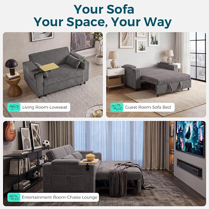 LINSY HOME 3-in-1 Pull Out Sofa Bed, 58" Convertible Sleeper Sofa for Living Room, 360° Swivel Table, Storage Armrests, Charging Station, Cup Holders, 2 Pillows, Corduroy Loveseat Futon Couch, Grey