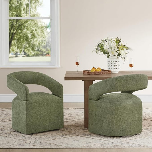KISLOT Upholstered Dining Chairs Set of 1, Modern Rolling Dining Chairs with Hidden Casters, Arm Kitchen Chairs with Linen Look Fabric, Padded Barrel Chairs for Dining Room, Kitchen, Bedroom, Green