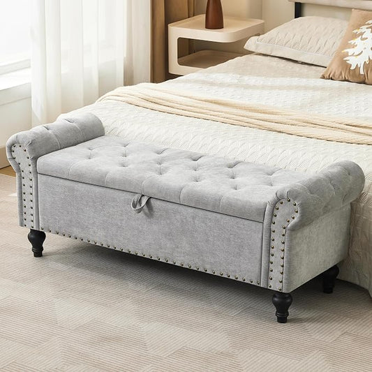 51" Storage Bench for Bedroom, Upholstered Ottoman Bench Chenille LightGray | End of Bed Bench for Bedroom, Window Benches for Living Room, Entryway, Ottoman with Large Storage Space, Pet Friendly