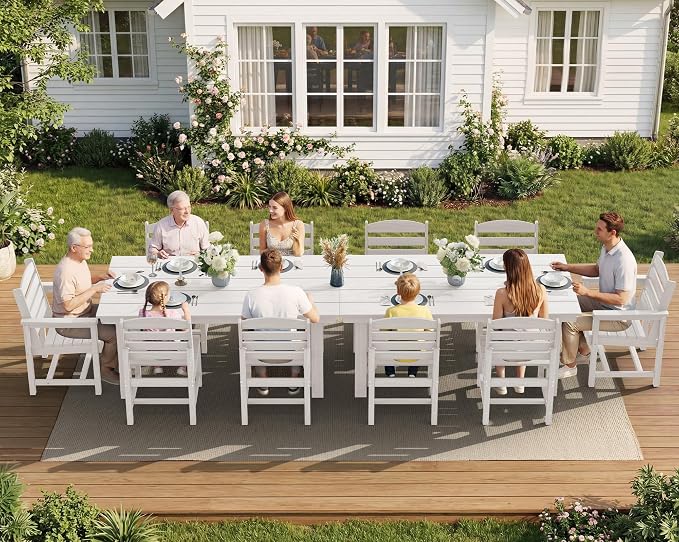 SERWALL Outdoor Dining Sets for 10 Person, HDPE Dining Set with 2 Tables, 8 Armless Chairs and 2 Armed Dining Chairs, White