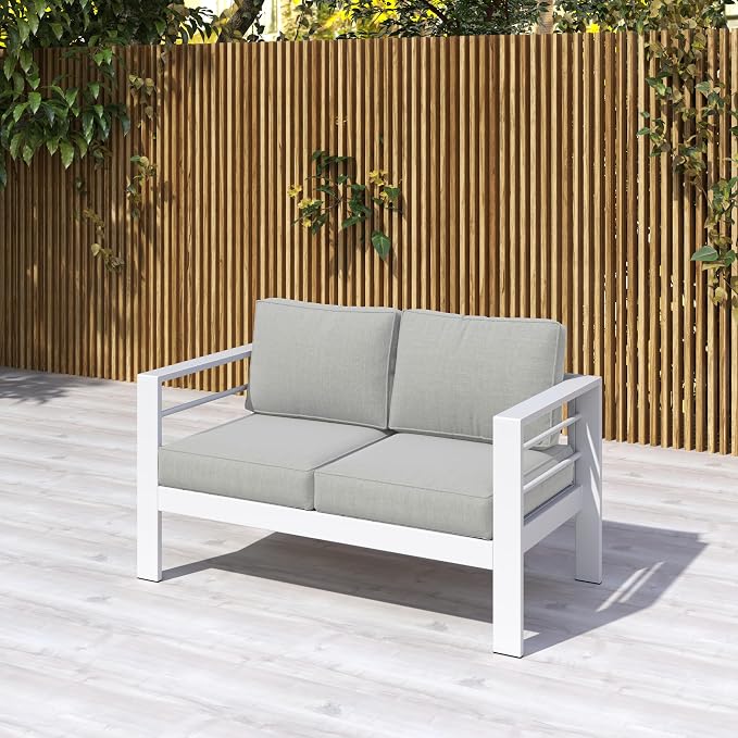 Kiss the Water Loveseat Aluminum Outdoor Patio Sofa Set, All Weather Rust-Proof Metal Patio Couch, Modern Outdoor Furniture for Backyard Porch Garden, 5" Thick Waterproof Olefin Cushions, Light Grey