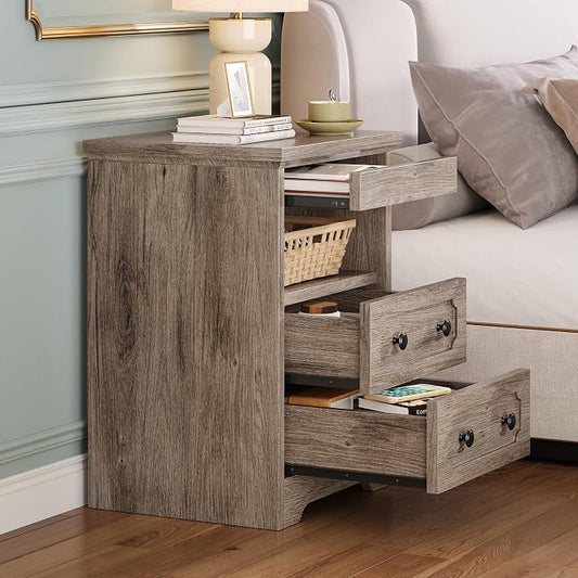 LIKIMIO Nightstand Set of 2, Night Stand with Pull Out Tray, Wooden Bedside Table with 2 Drawers and Open Shelf, Side Table for Bedroom, Grey
